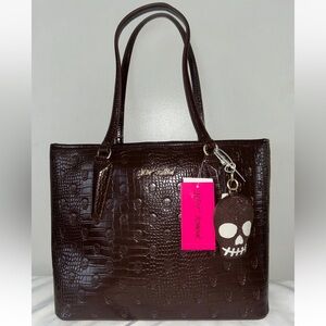 NEW! NWT BETSEY JOHNSON Skull Croc-Embossed XOTOTO Shopper Tote Bag Chocolate